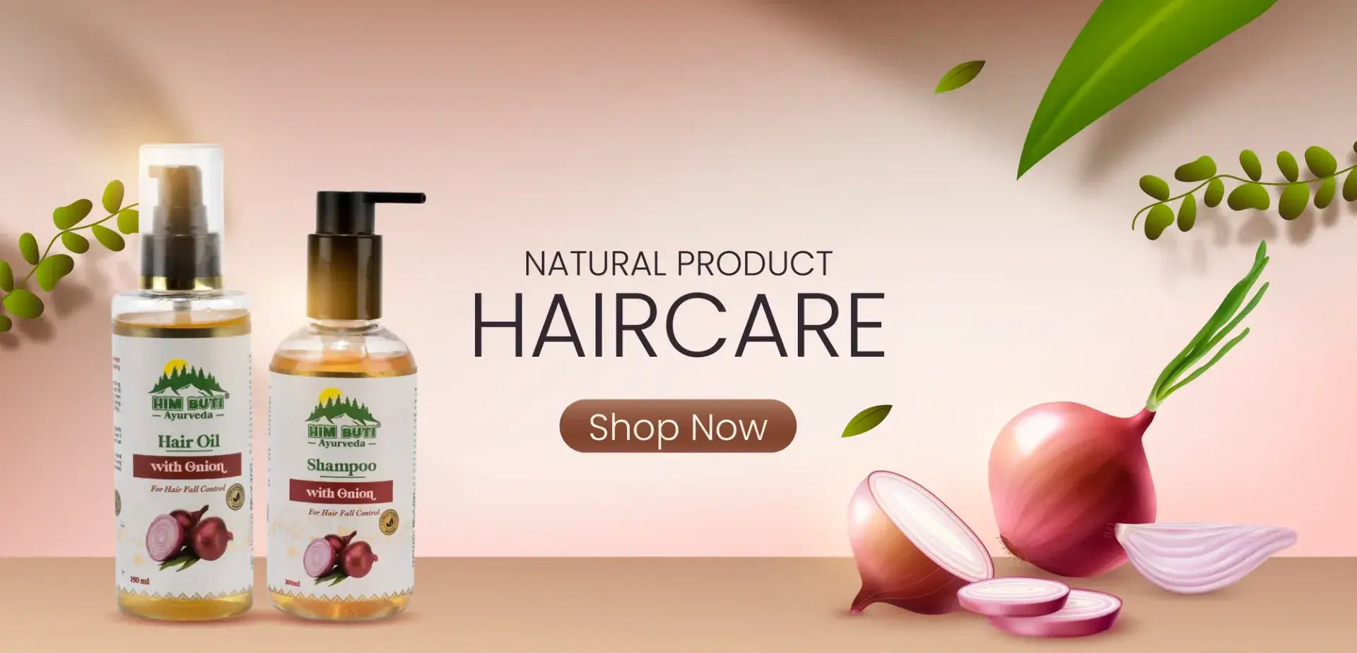 Hair care products with onions on a pink background