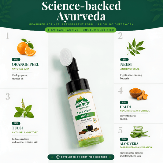 Himbuti Ayurveda Face Wash bottle with ingredients listed on a green and white background