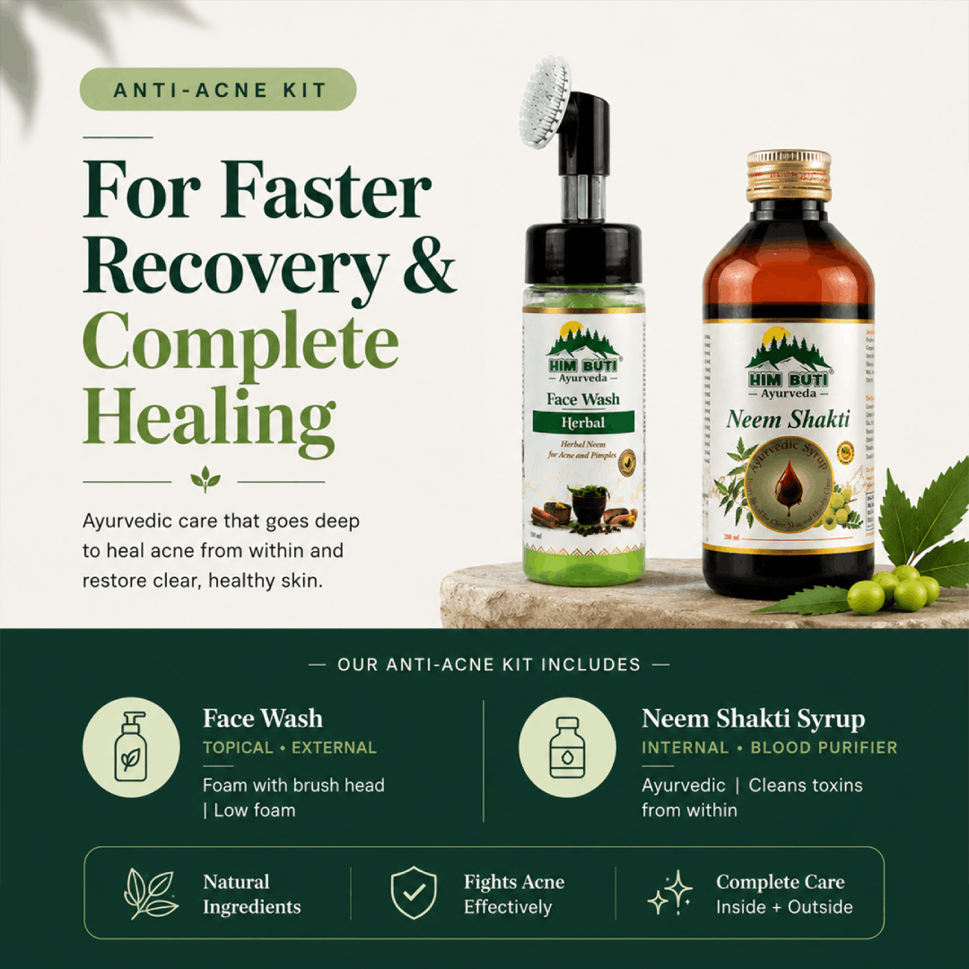 Anti-acne kit with face wash and syrup on a wooden platform, featuring Ayurvedic products.