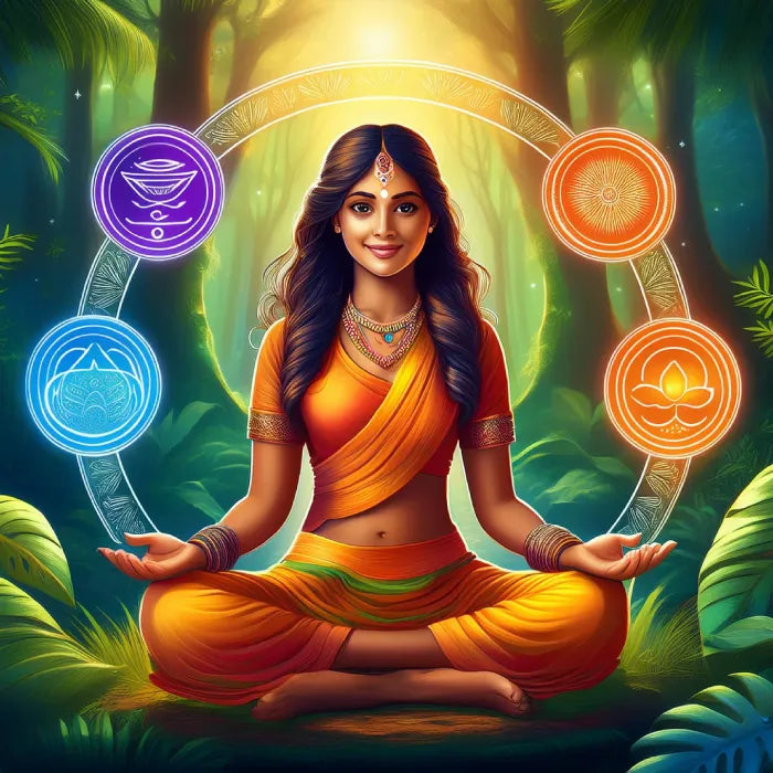 Woman in orange saree meditating with chakra symbols and green forest background