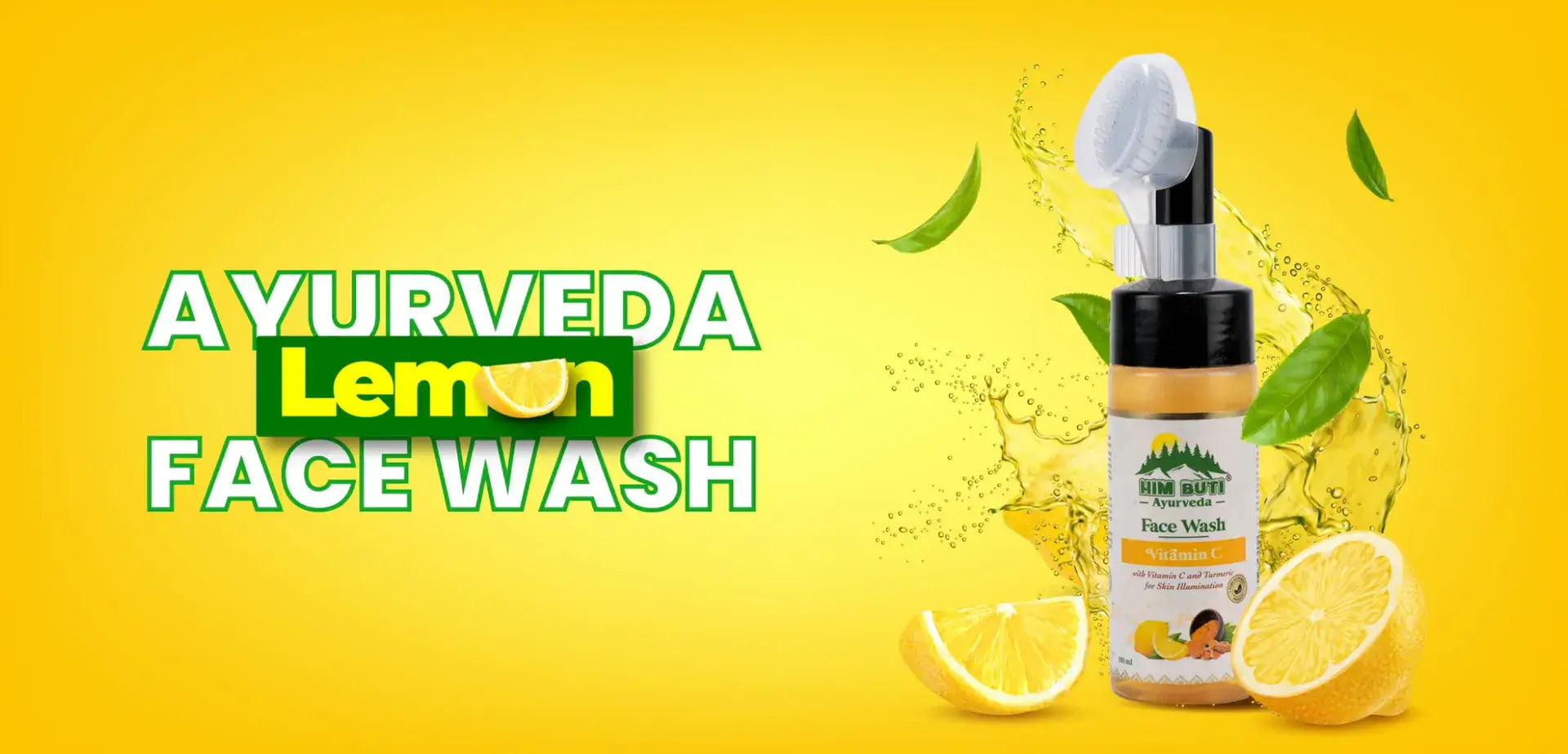 Ayurveda Lemon Face Wash with lemon slices and leaves on a yellow background