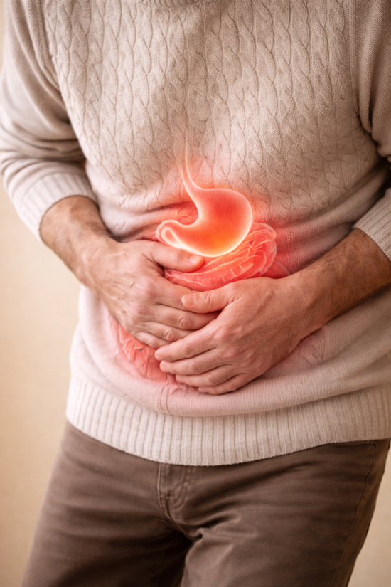 Person holding their stomach with a glowing stomach illustration, indicating gastrointestinal issues.