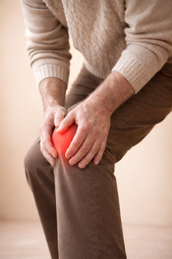 Person holding a knee with a red dot, indicating pain or injury.