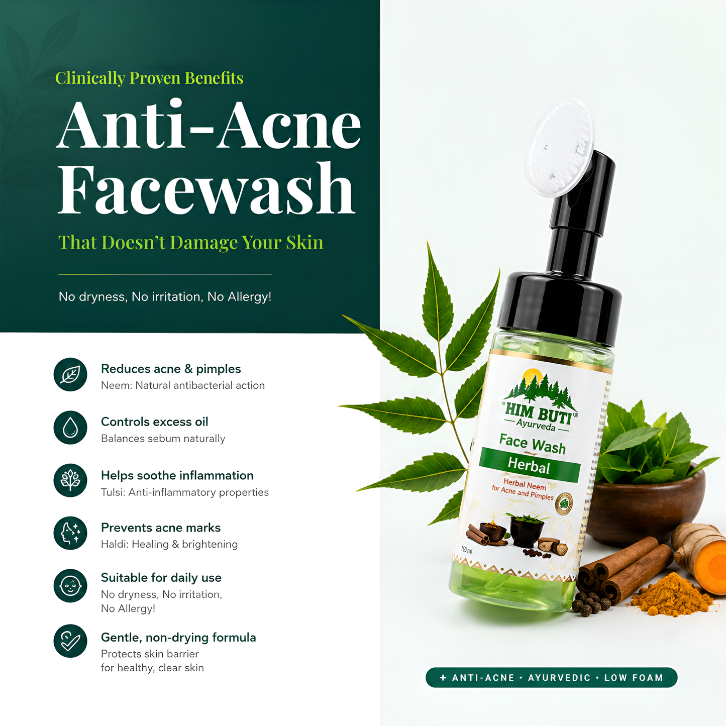 Himbuti Herbal Anti-Acne Facewash bottle with green leaves and spices on a white background