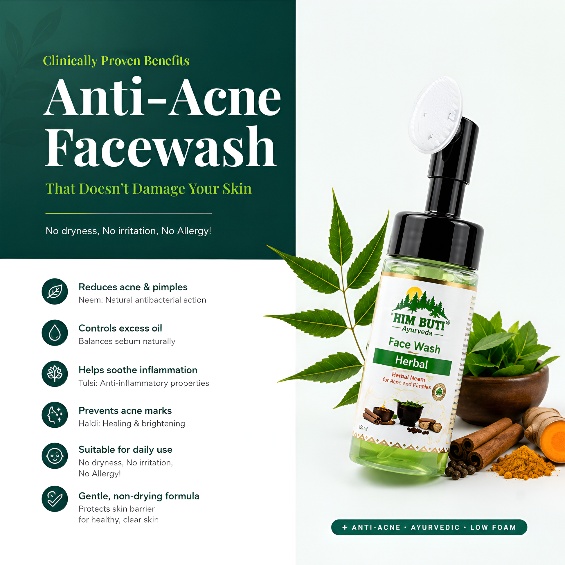 Himbuti Herbal Anti-Acne Facewash bottle with green leaves and spices on a white background