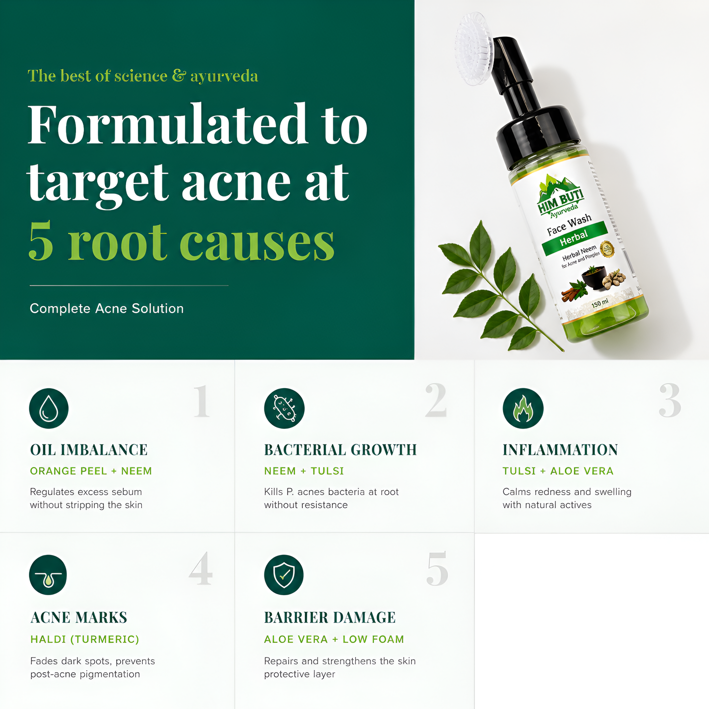 Acne treatment product with green leaf graphics and text about targeting acne at 5 root causes.