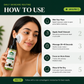 Woman using facial cleanser with a step-by-step guide on daily skincare routine.