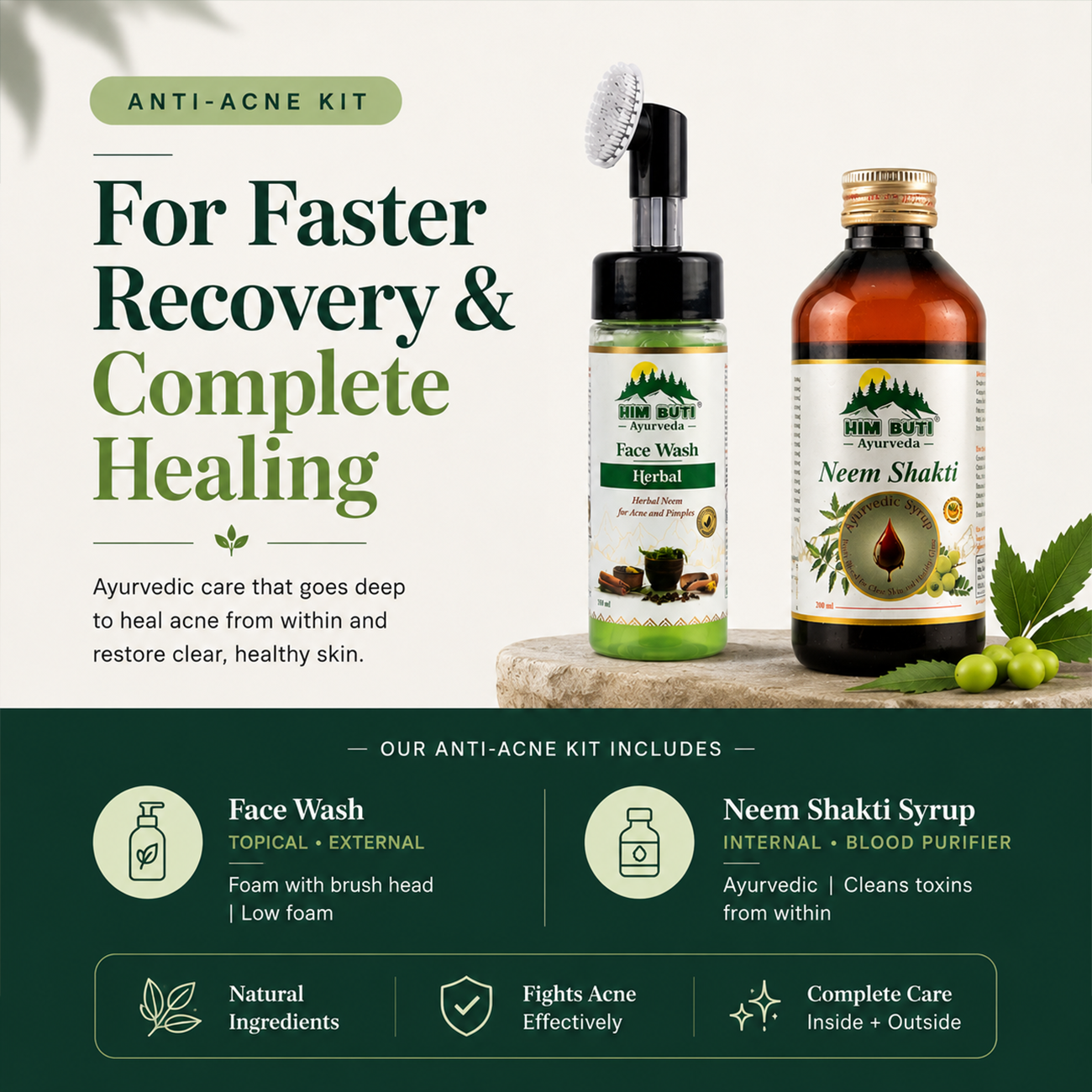 Anti-acne kit with face wash and syrup on a wooden platform, featuring Ayurvedic products.
