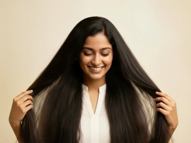 Woman with long, straight hair smiling against a beige background